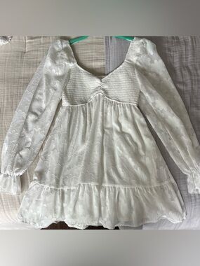 White Mini Dress with Sheer Floral Long Sleeves